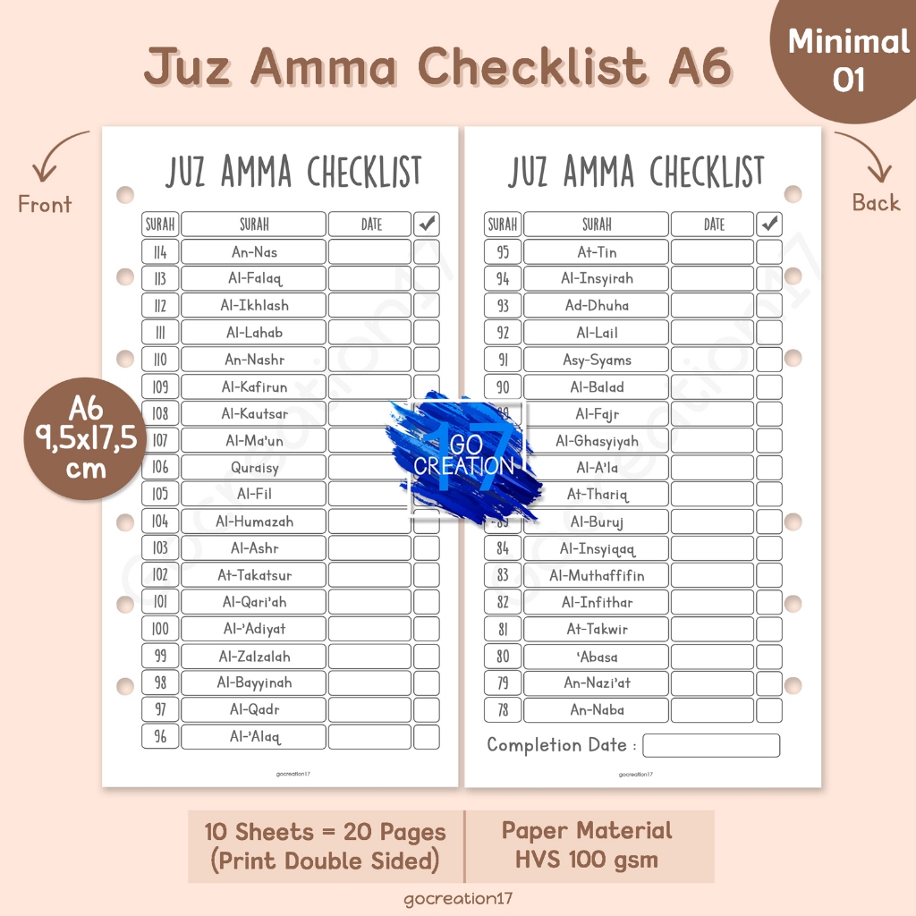 

Buku Planner Refill Kertas Isi Binder Juz Amma Checklist Tracker Simple Minimalis A6
