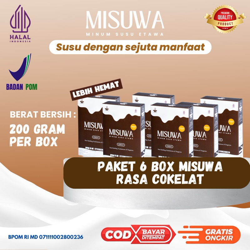 

PAKET 6 BOX MISUWA RASA COKLAT - Susu Kambing Etawa Rasa Cokelat untuk Kesehatan Tulang, Sendi, Otot, Pegal Linu dan untuk menyembuhkan segala permasalahan pernapasan (Asma,Paru-paru,Flek, dll)