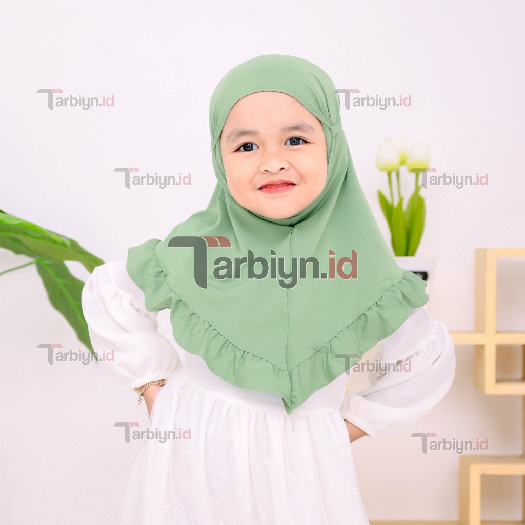 Kerudung Anak Perempuan Renda Bergo Maryam Renda Anak Ruffle / Rempel Tali Jersey 0 - 3 Tahun