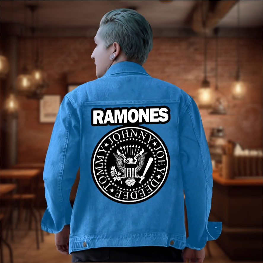 Yinyanks Jkt jacket Denim Ramones logo jacket jeans pria wanita unisex