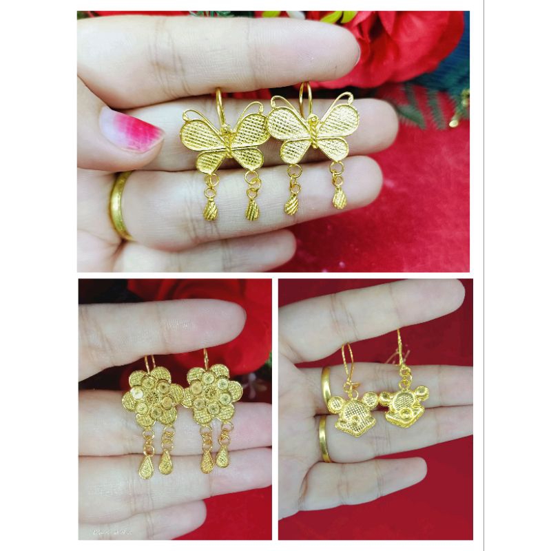 anting kupu,Mickey dan bunga 1/4 suku sepuh emas murni