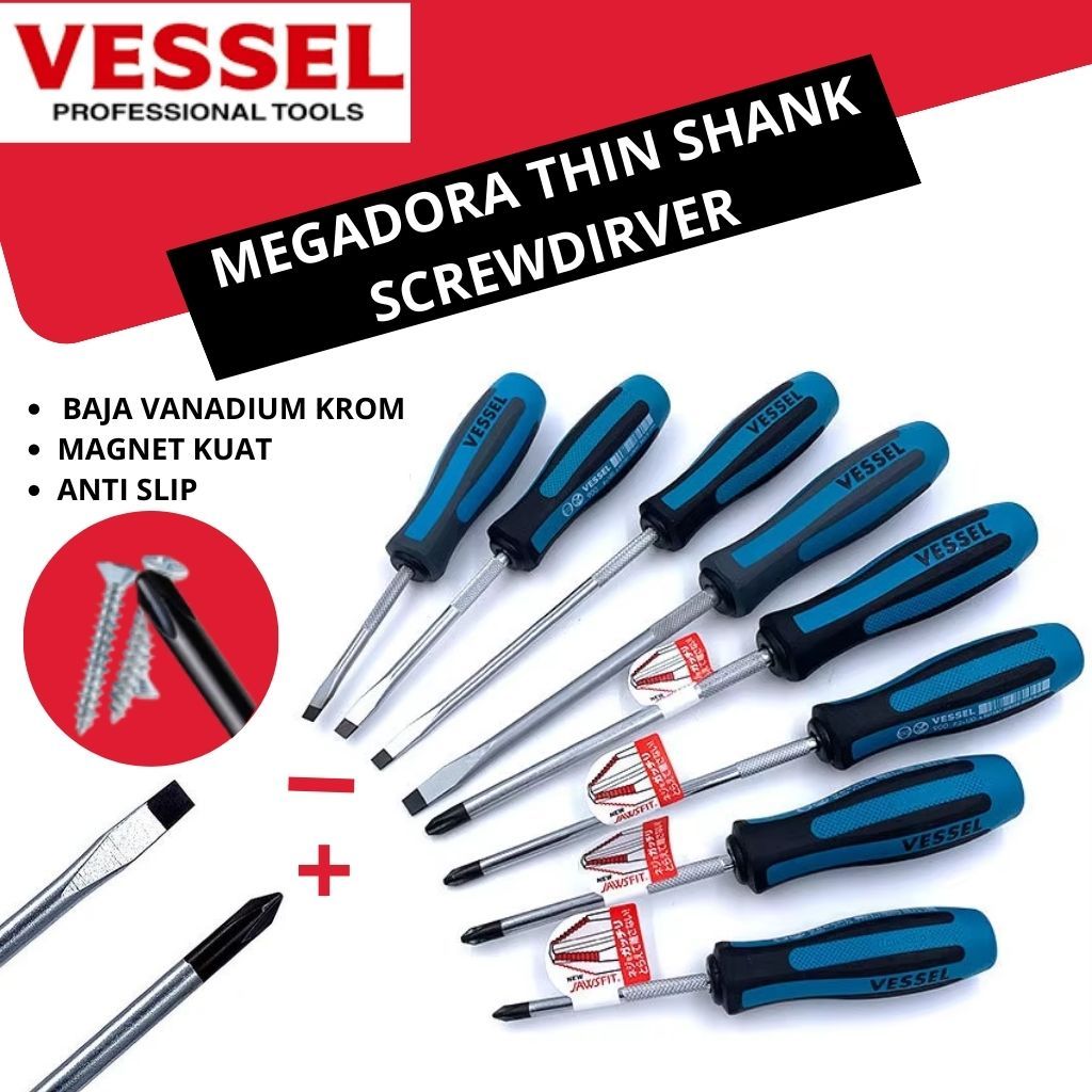 Vessel Obeng Set Megadora Magnet No. 910 Thin Shank Screwdriver Tipe Plus Minus Panjang Pendek Ori