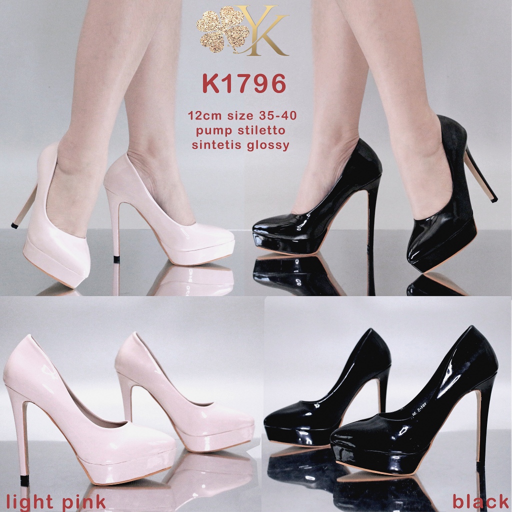 YKshoes 1796 heels 12cm pump pantofel stiletto heels ketutup heels pink hitam black sintetis glosy p