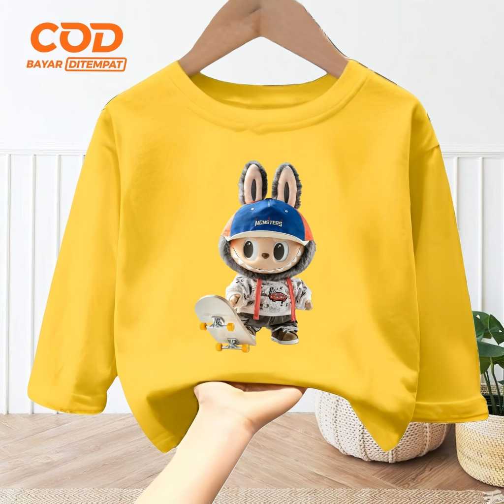 Kaos Fashion anak lengan panjang Unisex usia 1-12 tahun LABUBU THE ELF Bahan Babyterry terbaru