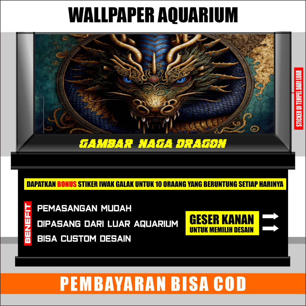 stiker background kaca aquarium 3d timbul jumbo akrilik besar full set aquaspace gambar dragon naga