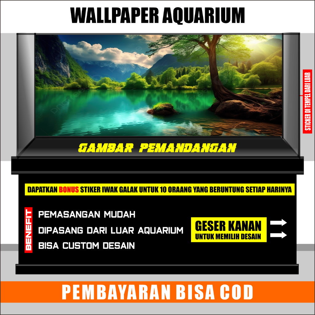 stiker background kaca aquarium 3d timbul akrilik besar full set aquaspace gambar estetik indah