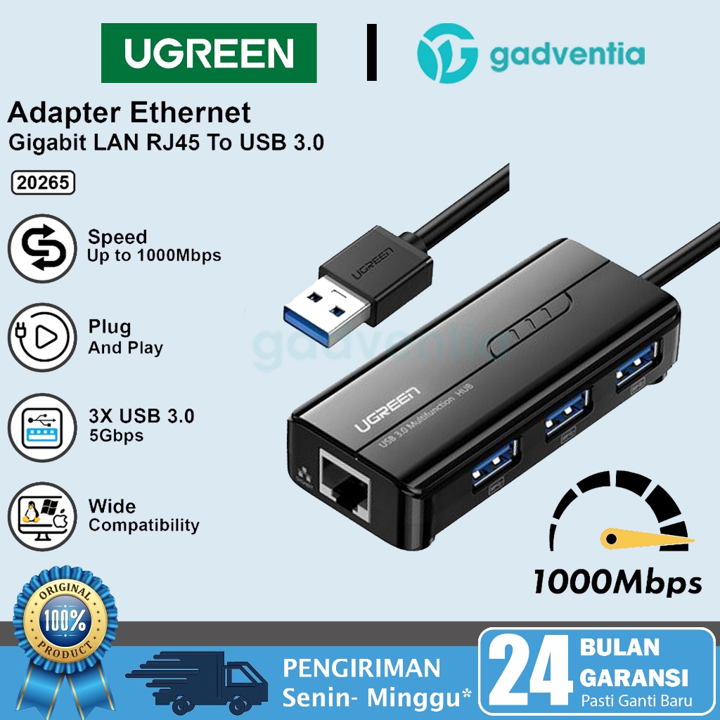 UGREEN USB 3.0 to LAN RJ45 Adapter Ethernet Speed 1000mbps 20265 20256 50922  Untuk Komputer Pc Lapt