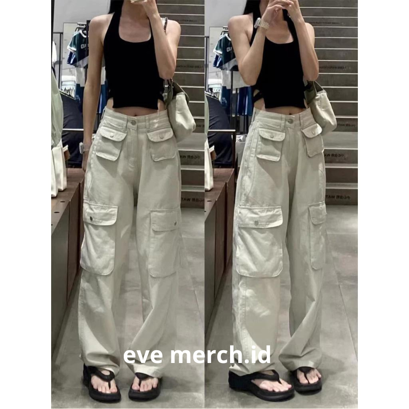 Eve - Celana Cargo Wanita Highwaist Pasir Putih Korea Loose pants Cargo