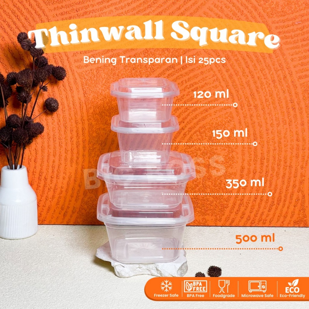 [25PCS] Thinwall Square 120ml 150ml 350ml 500ml / Kotak Makan Plastik Dessert Salad Buah Puding