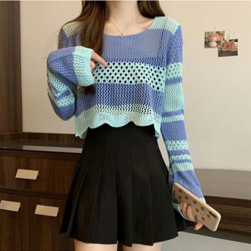 J1221 Atasan pakaian Baju blush blouse blus lengan panjang garis striped rajut jaring knited knit wa