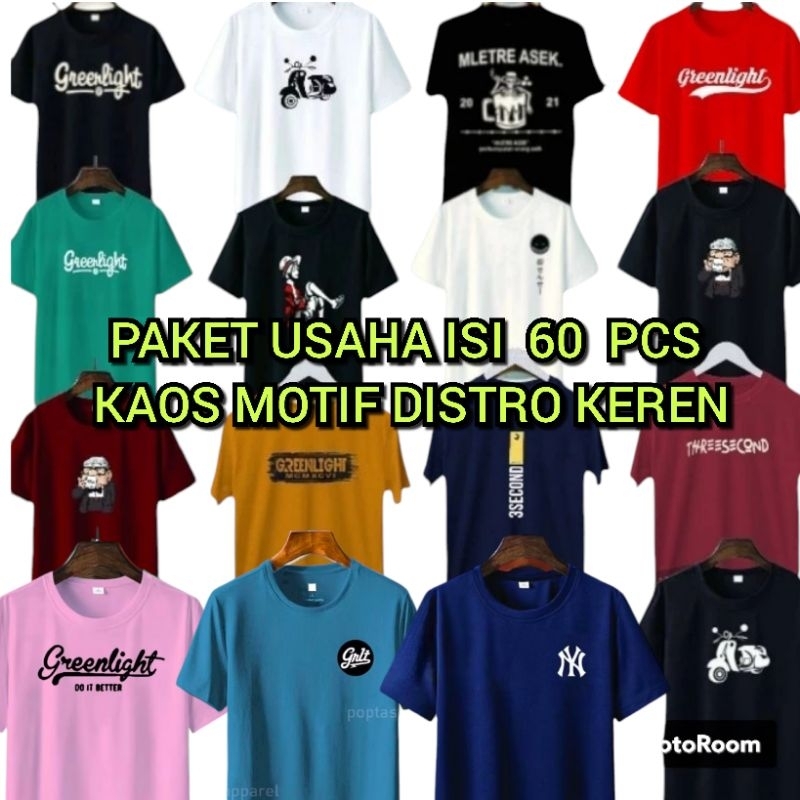 Paket usaha isi 60 pcs kaos motif distro dewasa keren baju lengan pendek pria dan wanita