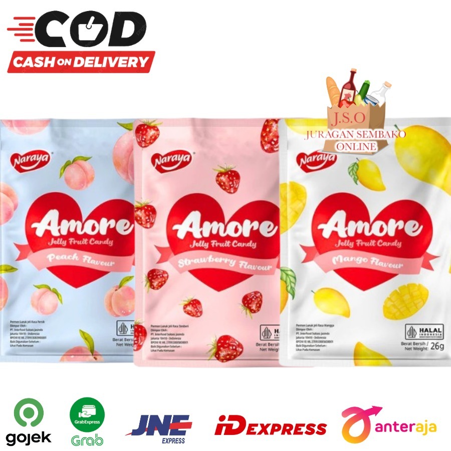 

[ JSO ] Naraya Amore Jelly Fruit Candy 26gr Mango Strawberry Peach Jelly Buah Permen Jelli Lunak Snack Cemilan Anak Halal