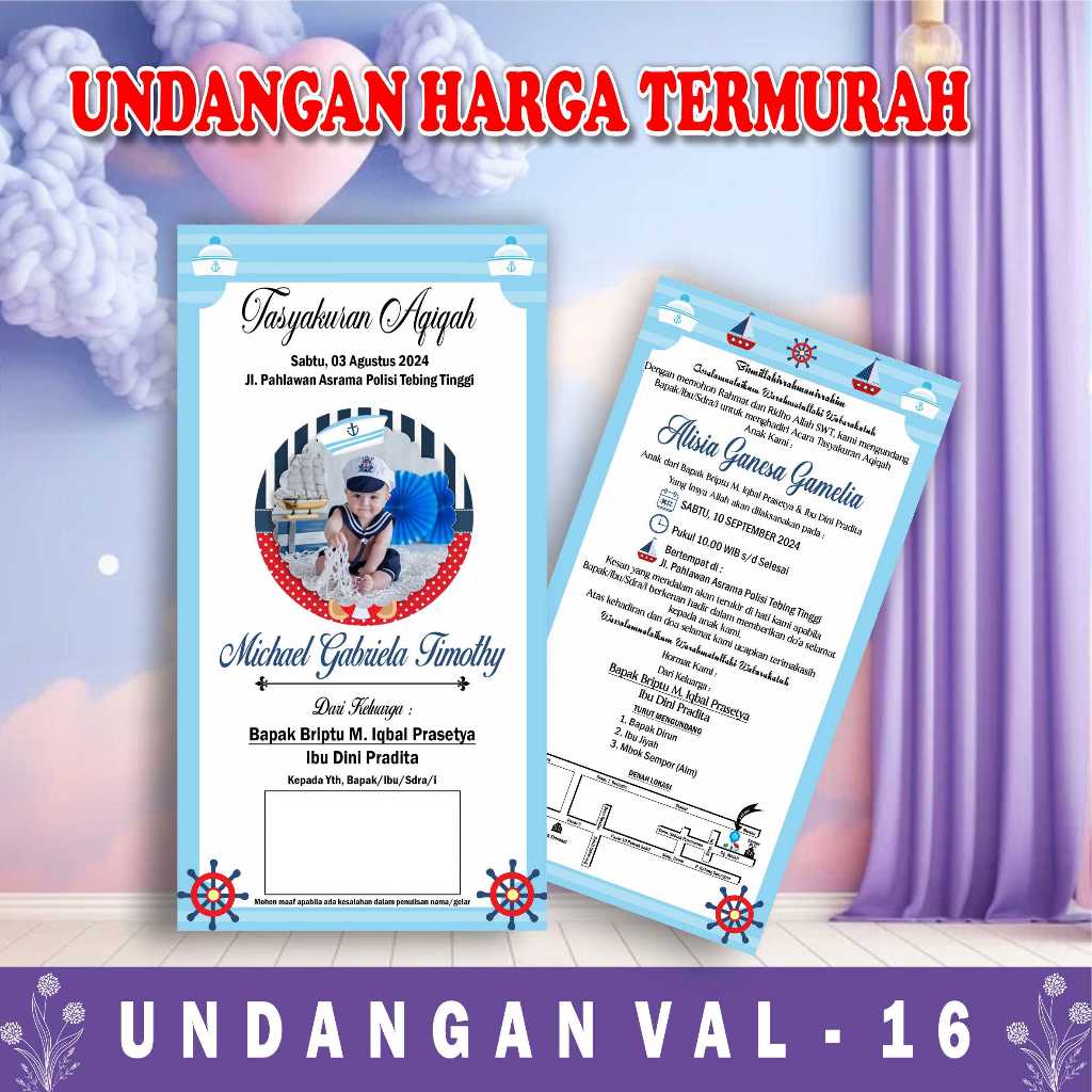 Undangan 1 Lembar simpel  Aqiqah / KHitanan anak laki laki dan perempuan imut cantik murah