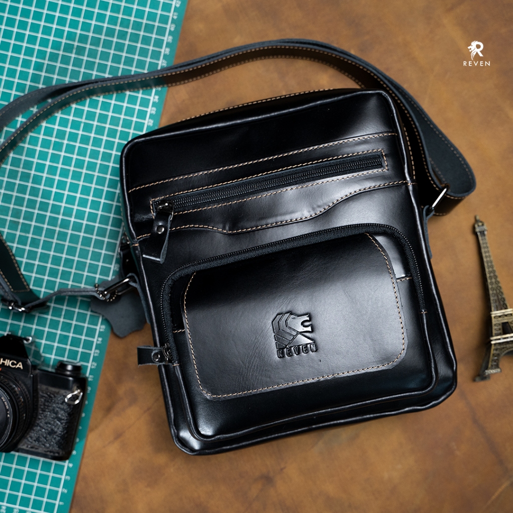REVEN Tas Kulit Selempang Pria Branded Premium-Tas Slempang Kulit Asli Reven Bereaker Slingbag