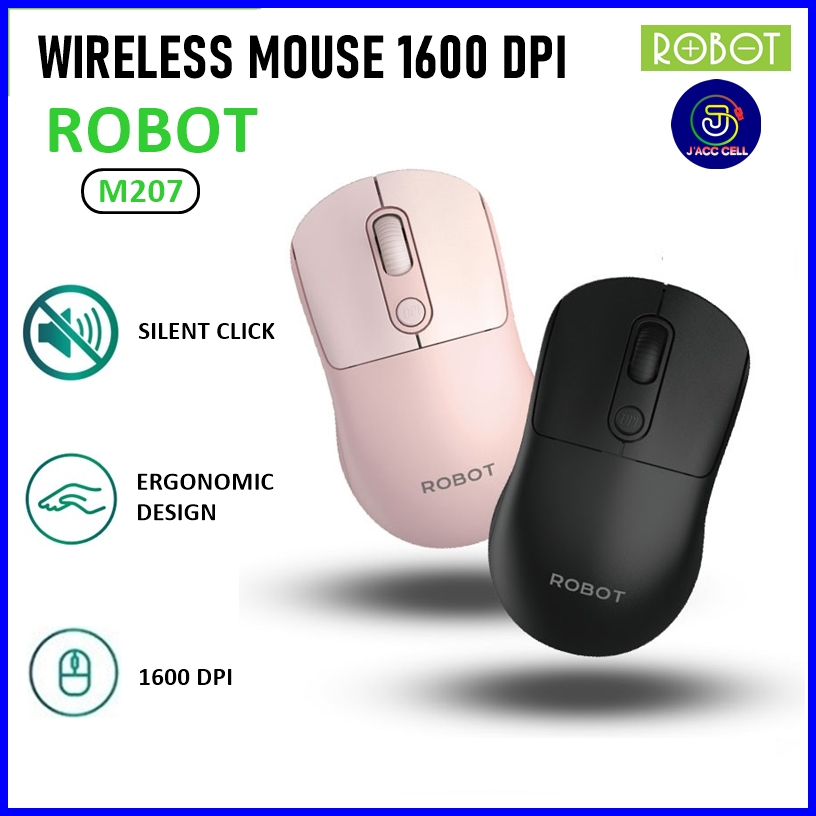 Mouse Wireless ROBOT M207 2.4GHz Silent Click 1600 DPI - Hitam/Pink