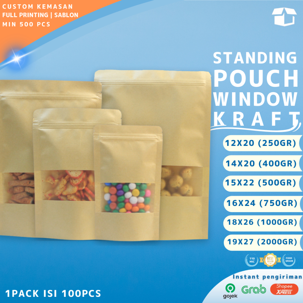 Standing Pouch Window Kraft Paper - Packaging Makanan dan Kopi - Plastik Kemasan Makanan