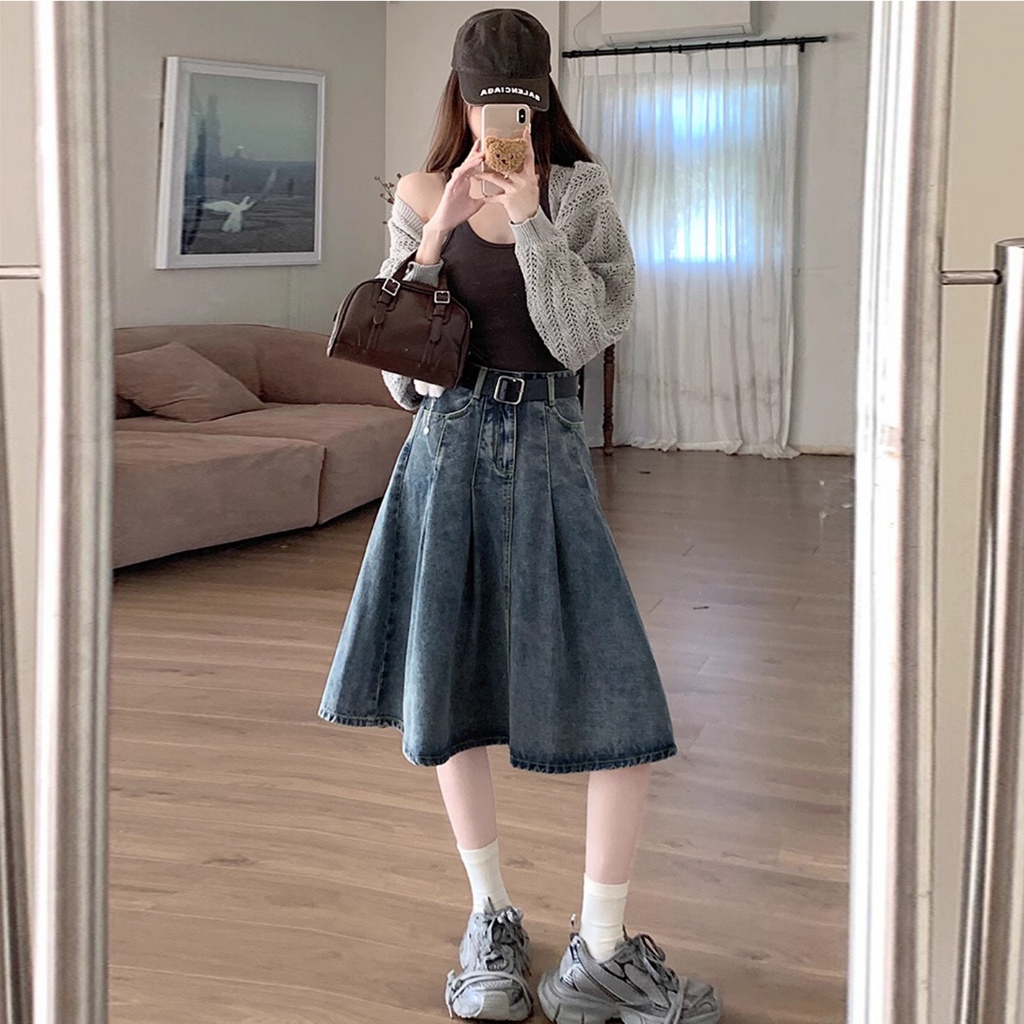 BEST SALE kekinian.factory Jeans rok wanita Rok Bawahan Wanita Denim Jeans Lipit Pendek Korea rok