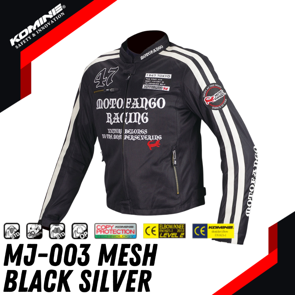Komine MJ-003 Black Silver Double Line Mesh Jacket Motofango Jaket Motor MJ003 003 Original
