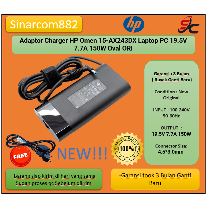 Adaptor Charger HP Omen 15-AX243DX Laptop PC 19.5V 7.7A 150W ORIGINAL