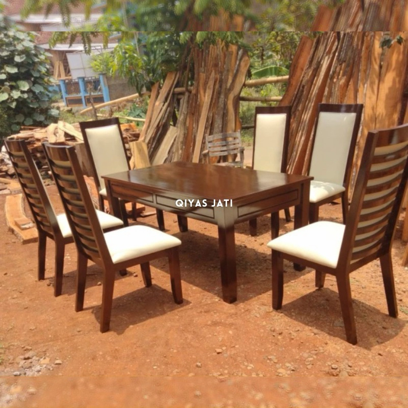 Meja makan minimalis, Meja makan jati tua, Meja makan 6 kursi busa jati tua