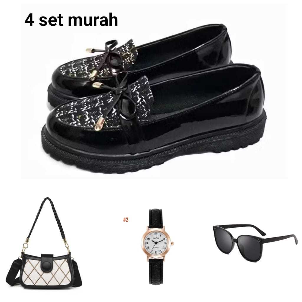 Paket bundling 4 set sepatu kacamata jam tangan tas laura