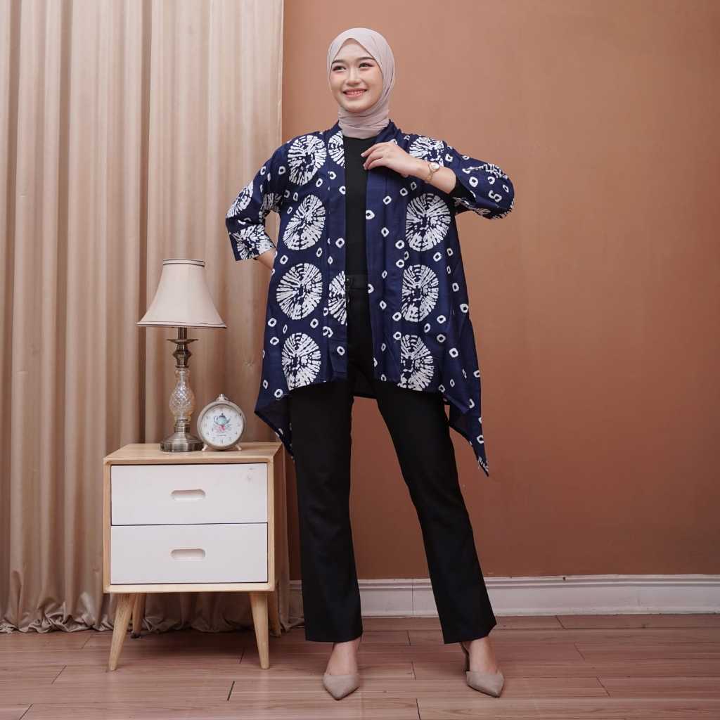 Outer batik motif jumputan atasan wanita cardigan rompi long vest fashion muslim kekinian 2024