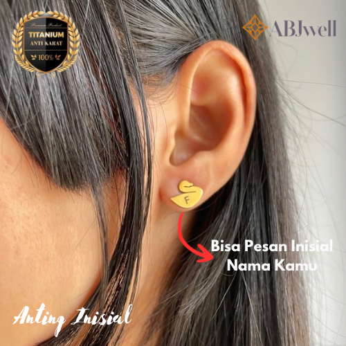 Abjwell_Store Initial Angsa Earrings - Anting Tusuk Titanium Bisa Custom Huruf Inisial Nama Anti Kar