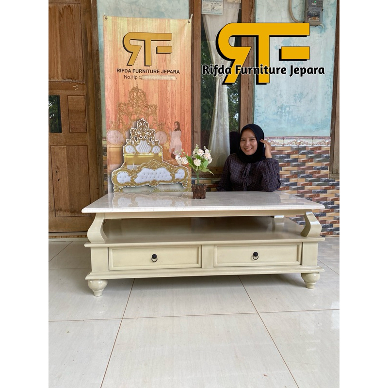REAL PICT  Meja Tamu Minimalis Jati Duco Cream Top Marmer Laci 2 ( Meja Tamu Marmer, Meja Tamu Duco,