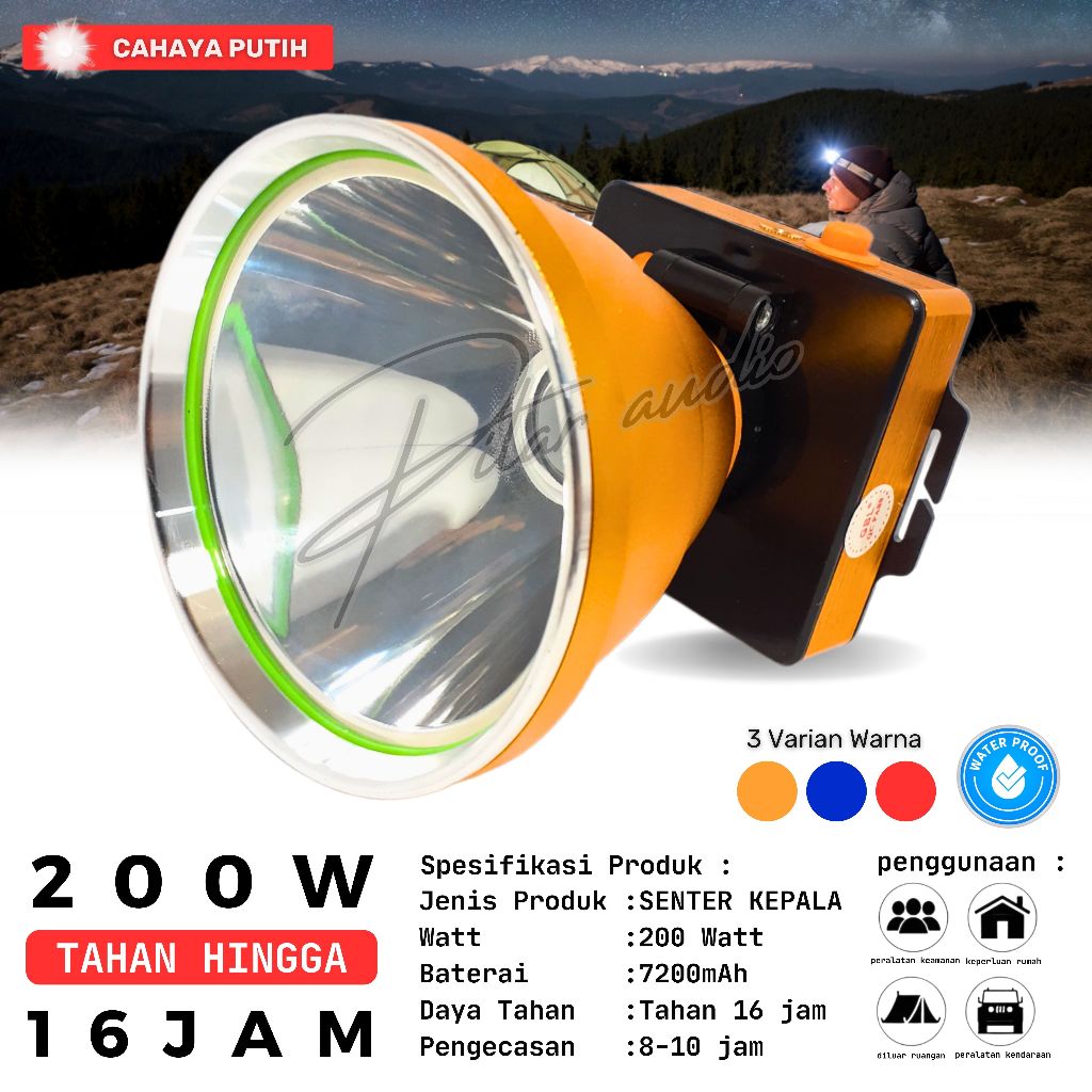 Senter Kepala 200W Mitsuyama Ms-180/Ms-180P Headlamp Diving Cahaya Putih Super Terang Baterai