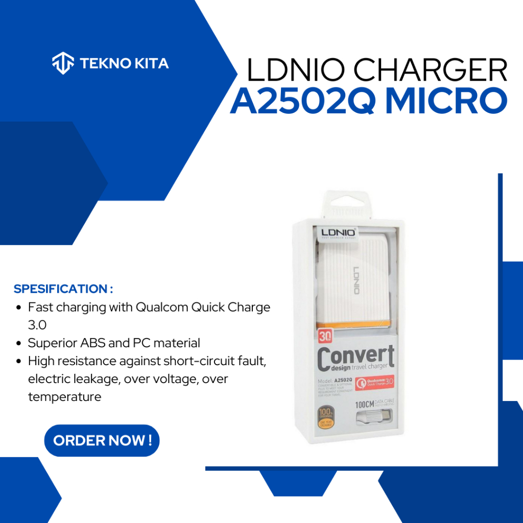 LDNIO DUAL USB TRAVEL CHARGER A2502Q FREE CABLE USB MICRO - CAS HP SUPER FAST BONUS KABEL MICRO - FA