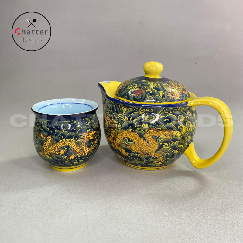Peralatan Minum Set Model Naga Hijau / Chinese Tea Set Naga Emas Hijau Keramik / Chinese Bamboo Cera