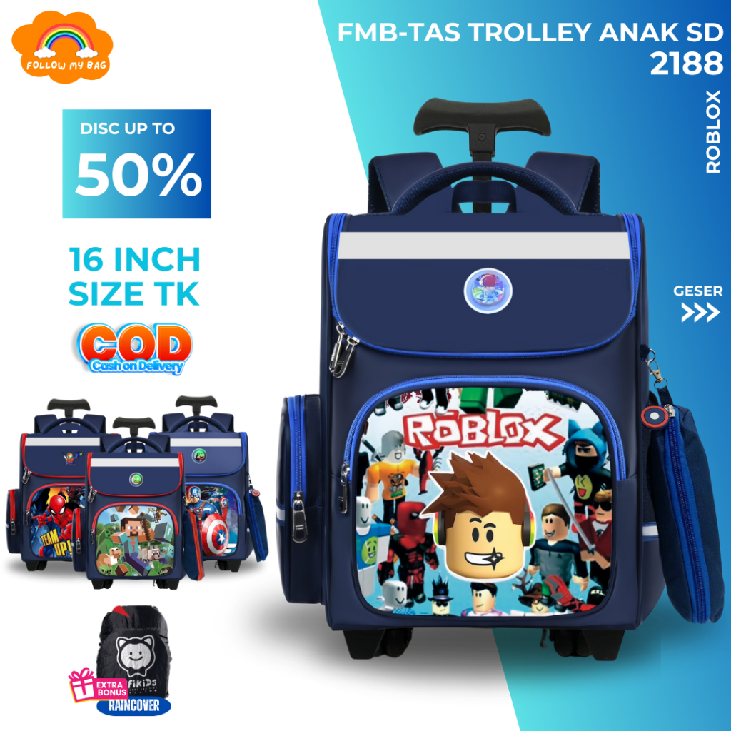 FMB Tas Troli Sekolah Anak Laki Laki SD LED Tas Koper Dorong Anak 2188 - Tas Troli Anak Import
