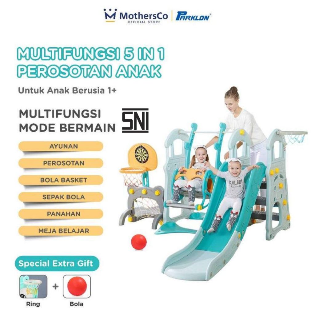 Parklon Multifungsi 5 in 1/3 in 1 Perosotan Anak Premium Dengan Ayunan Ring Basket Gawang Sepak Bola