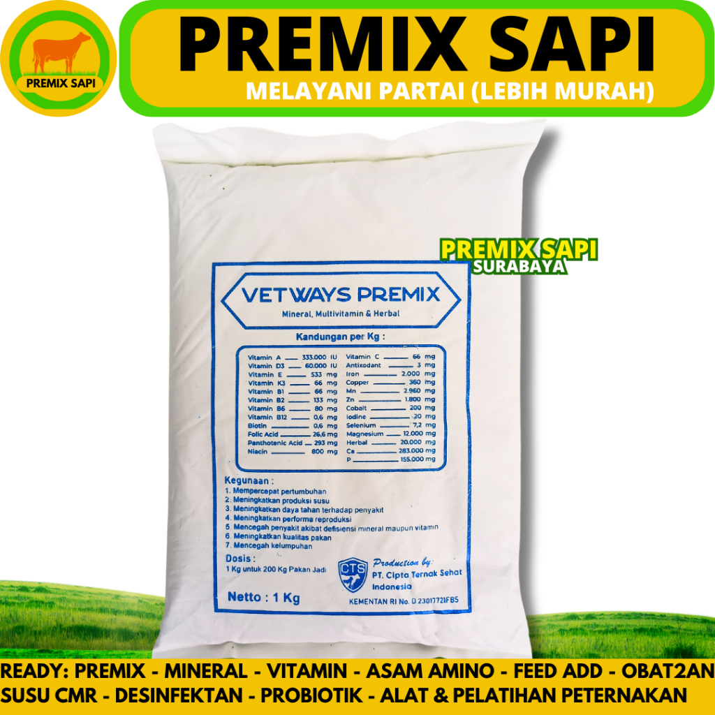 VETWAYS PREMIX 1KG - Premix Mineral Multivitamin Penambah Nafsu Makan & Penggemuk Sapi Kambing Domba