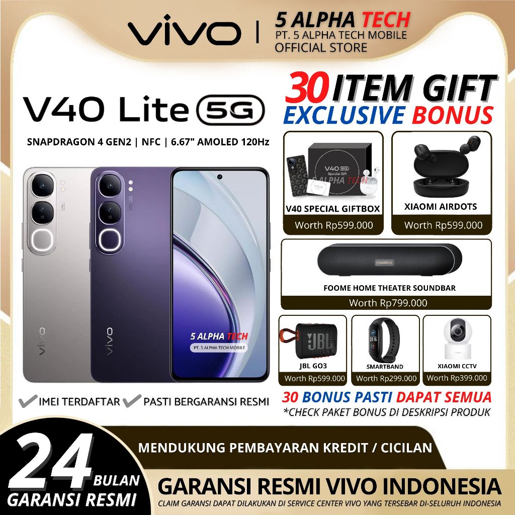 Vivo V40 Lite 5G 8/256GB NFC ( +8GB Extended Ram ) Garansi Resmi Vivo