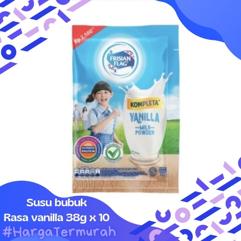 

Susu BuBuk Frisian Flag Kompleta 10x30g rasa coklat dan vanilla | susu benda bubuk kompleta coklar / vanilla