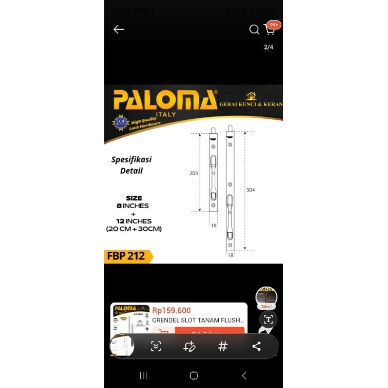 GRENDEL SLOT TANAM FLUSH BOLT PALOMA FBP 212 FUTURA