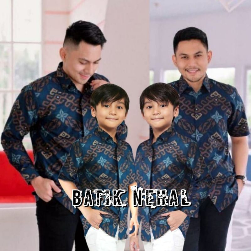 KEMEJA BATIK AYAH DAN ANAK LAKI-LAKI LENGAN PANJANG USIA 2-12 TAHUN SERAGAM KAIN KATUN MOTIF ZIG ZAG