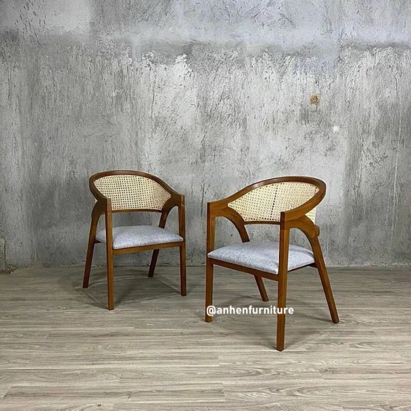Kursi Cafe Jati Kombinasi Rotan / Kursi Makan Jati Minimalis / Arm Chair / Dining Chair
