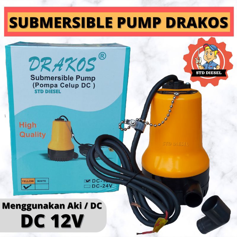 SUBMERSIBLE PUMP DC 12V MERK DRAKOS KUNING YELLOW ORANGE BILGE PUMP MENGGUNAKAN AKI POMPA PUMPO CELU