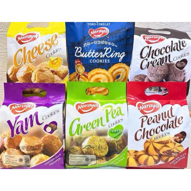 

NARAYA COOKIES 280gr Rasa Green Pea Yam Cheese Chocolate Peanut Chocolate Cookies