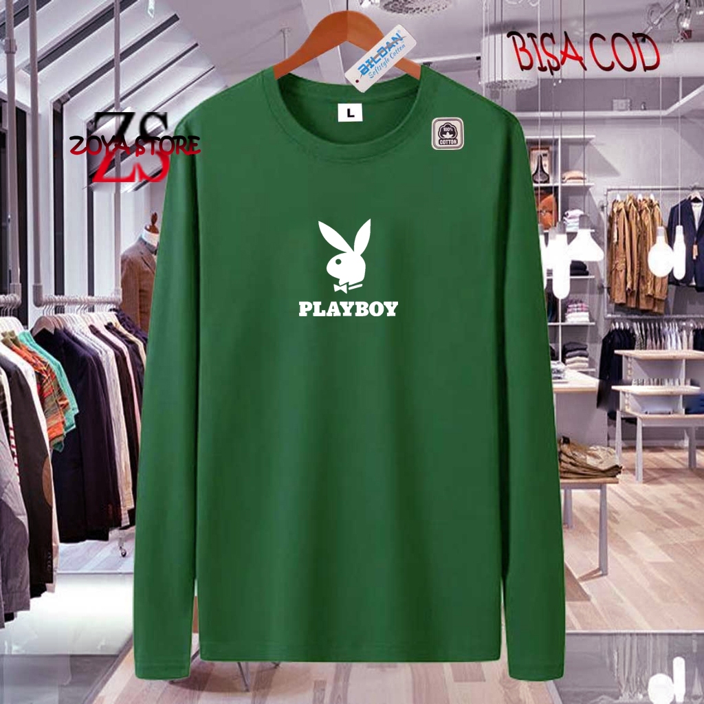 COD  Baju Kaos Distro Playboy Text Putih Premium Quality Kaos Cotton Combed 30s Lengan Panjang T-Shr