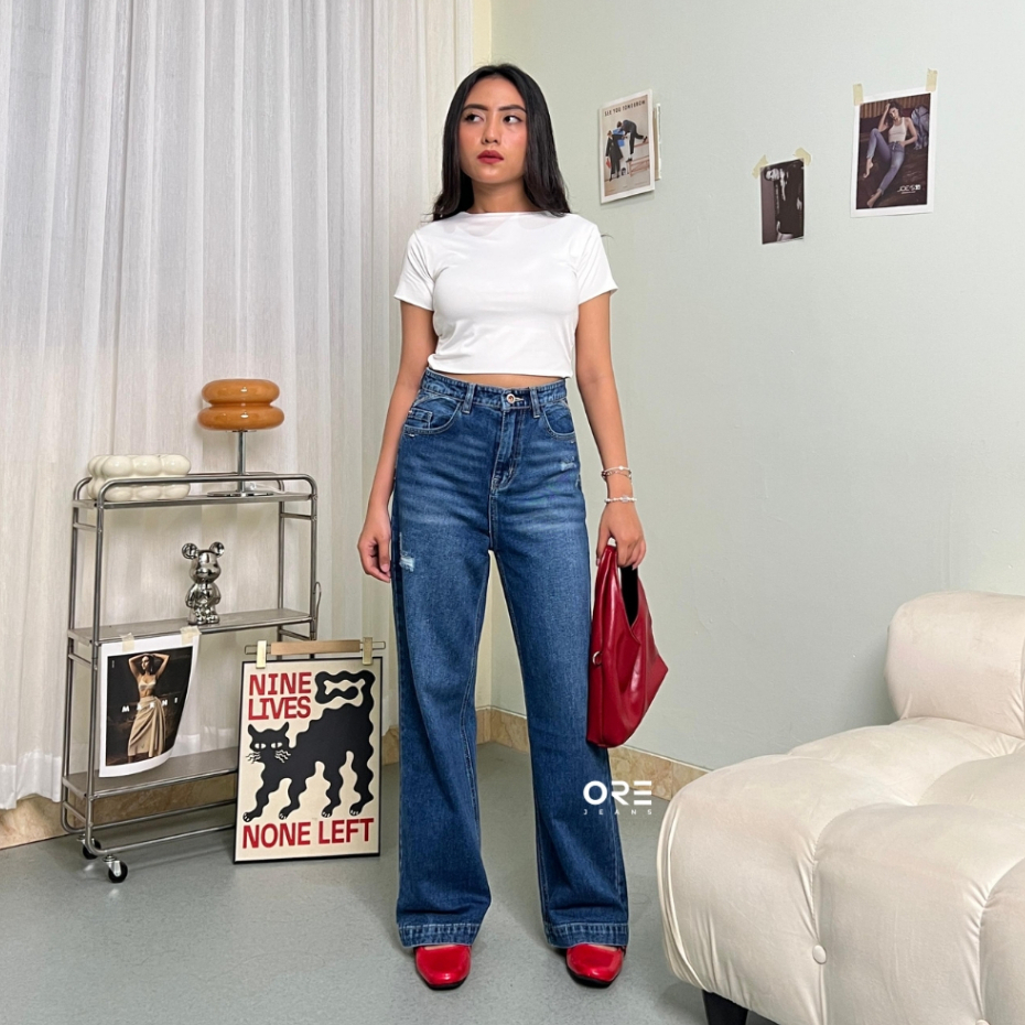 ORE - Celana Kulot Eifel Baggy Jeans Highwaist Overlong Darkblue Washed Ripped / Size 27-34