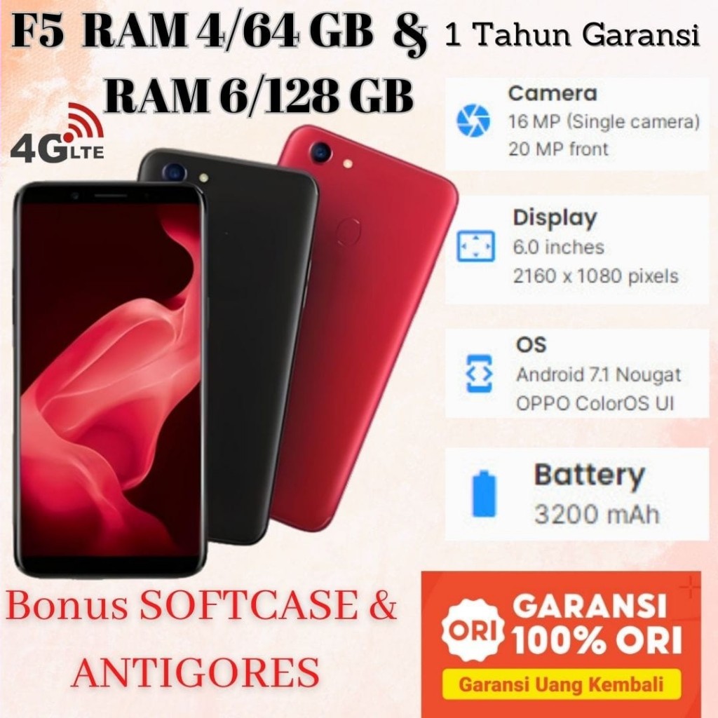 HP OPPO F5 ram 6+128GB 4G LTE Smartphone GARANSI 1 TAHUN