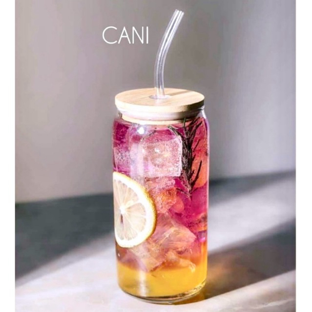 gelas jar kaca gelas tumbler cola tutup bambu Cani Lea dengan sedotan