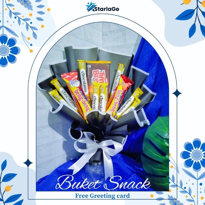 

STARLAGO BUKET SNACK MURAH / Buket wisuda free kertas ucapan/greeting card buket isi jajanan