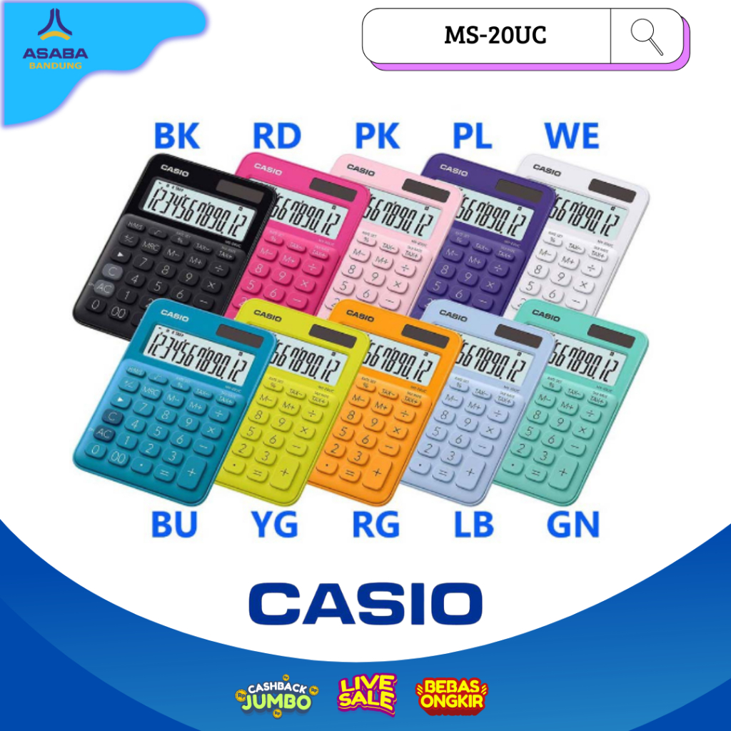 

Asaba Bandung - Casio Calculator MS-20UC - Kalkulator Kantor - Seri Colorful - 12 digit