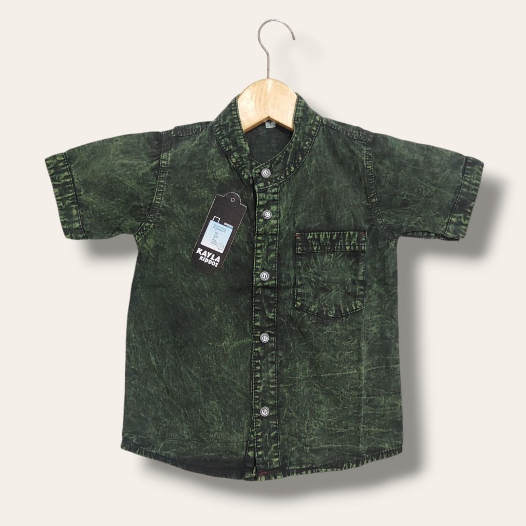 Atasan Kemeja Jeans Bayi Koko Polos Anak Laki Laki Lengan Pendek Warna Hijau Army Kayla Kiddoz
