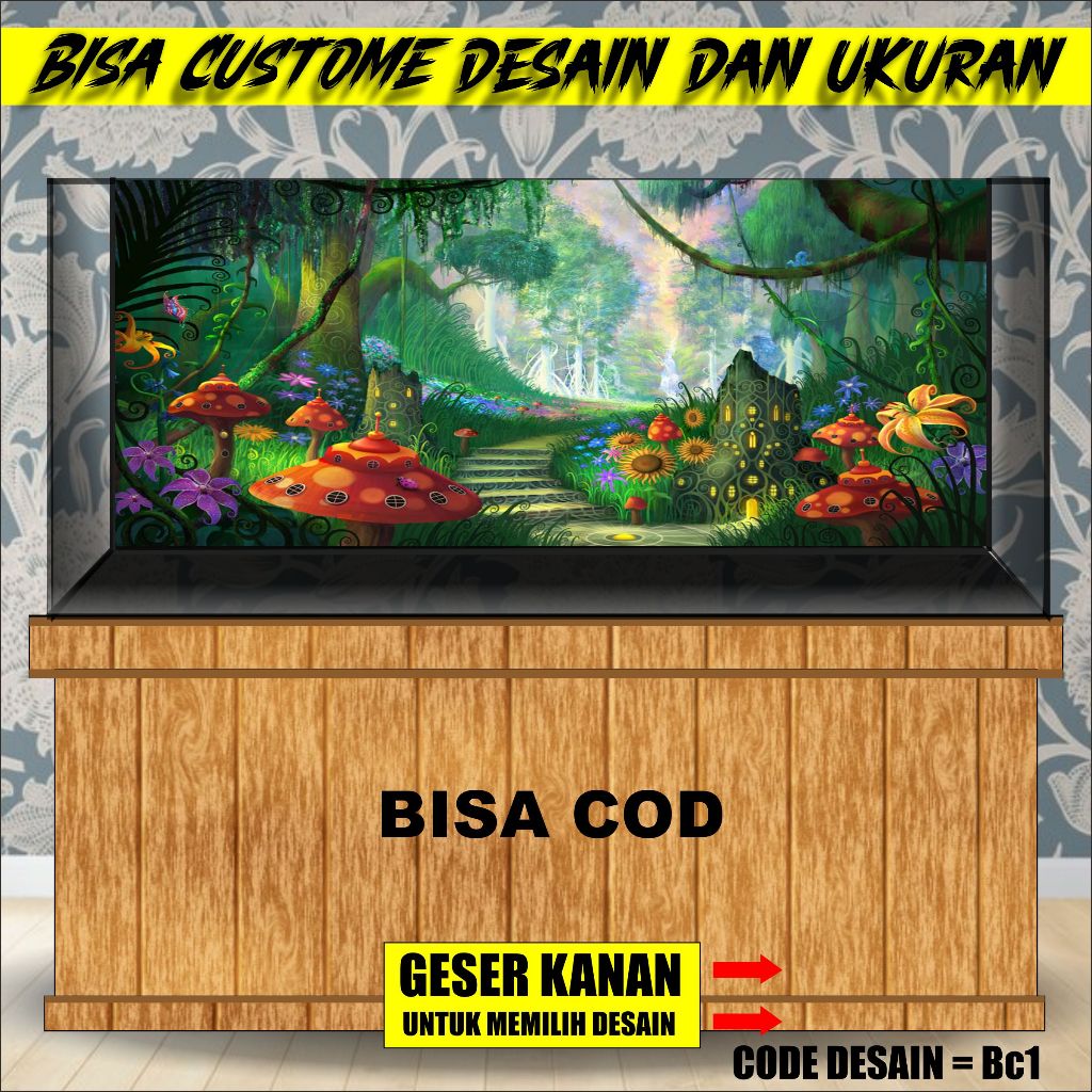 stiker background aquarium 3d timbul custome jumbo kaca akrilik besar full set fantasi garden bc