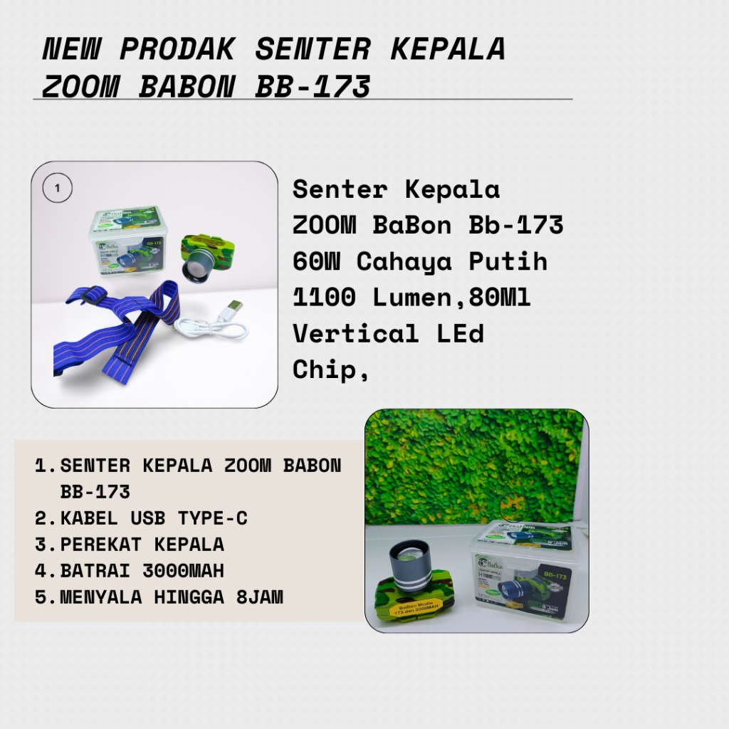 Senter Kepala Zoom LED Laser Rechargeable 3 Mode / Senter kapela ZOOM BaBon Bb-173 Cahaya Putuh Dan 